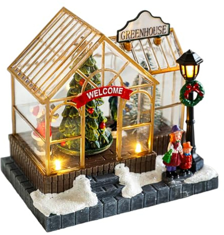 Tissting Weihnachtsdorf, Weihnachtshäuser mit Beleuchtung mit 8 Weihnachtslieder, Harz Weihnachten Häuser Deko Santa Claus Dorf Ornamente Schreibtisch Dekoration für Festliche Stimmung