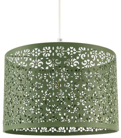 Unique Moroccan Designed Olive Green Metal Circular Pendant Light Shade with Floral Decor | 30cm Diameter | Maximum 11watt LED Allowed by Happy Homewares
