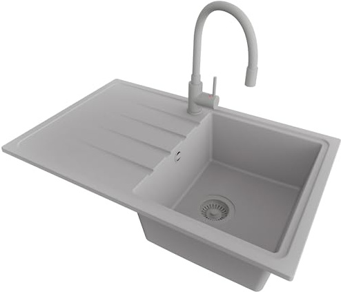 PRIMAGRAN Granitspüle ab 45er Unterschrank + Küchenarmatur, 78x50cm | Set: Küchenarmatur BW6020 + Ablauf-Set (Siphon, Ablaufgarnitur, Überlauf) + Spülbecken 1 Becken - Mailand, Alles Grau