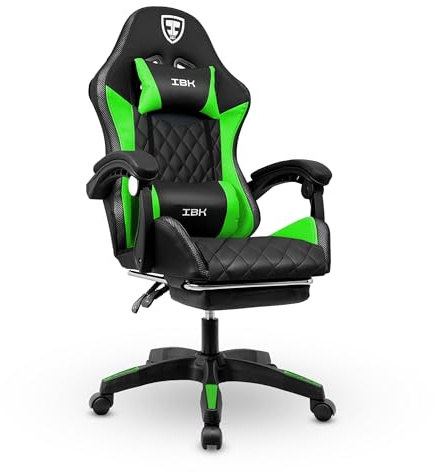 IBK Sedia da Gaming Ergonomica Professionale, similpelle, cuscino supporto lombare, regolabile in altezza, schienale reclinabile, pistone a gas classe 3, Poltrona Ufficio PC (Green)