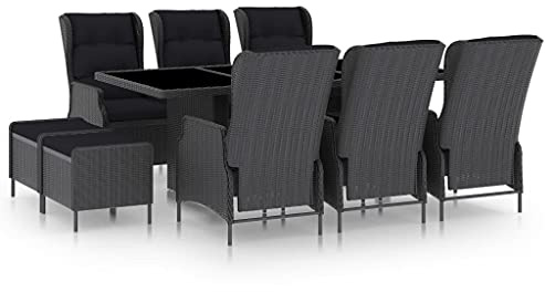 Ziaphsol 9-TLG. Garten-Essgruppe, Poly Rattan Dunkelgrau, Outdoor Möbel Set mit Liegefunktion, verstellbare Sessel, Glastisch 200x100cm, für Terrasse, Balkon