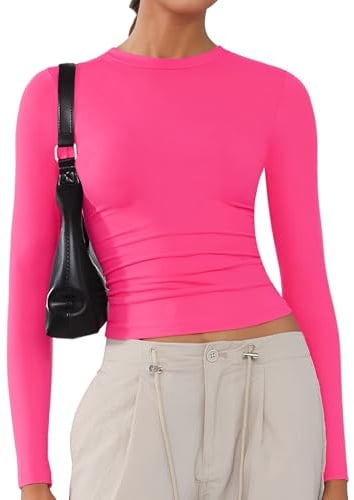 Chemises douces à manches longues et col rond pour femme, T-shirts basiques extensibles pour sortir, hauts courts Y2K coupe ajustée