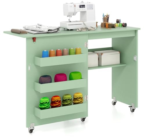 COSTWAY 2 in 1 Nähtisch klappbar, Nähmaschinenschrank Holz mit Regalen & Ablagefach, Nähschrank mit abschließbaren Rädern, für Wohnzimmer, Schlafzimmer (Mit Upgrade-RädernMit Upgrade-Rädern,Grün)