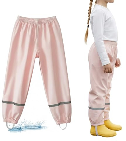 RJVZVEJH Kids Waterproof Trousers, Lightweight Rain Overtrousers for Boys Girls 5-12 Years, Reflective Strips, Mud-Proof Play Pants for School Outdoor Cycling Puddle Jumping Pink