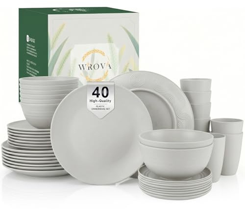 Wrova Set di stoviglie riutilizzabili 40 PZ - Set di piatti e ciotole infrangibili | Servizio per 8 | Set di stoviglie in plastica adatti al microonde Piatti da pranzo, ciotole per cereali, tazze da