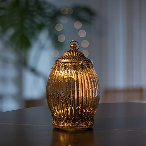 Jinfa LED Laterne Vintage Tischdeko Licht Batteriebetrieben Innen- und Außenbeleuchtung | Oval | Königliches Gold | Ø 10,5 cm × H 18 cm