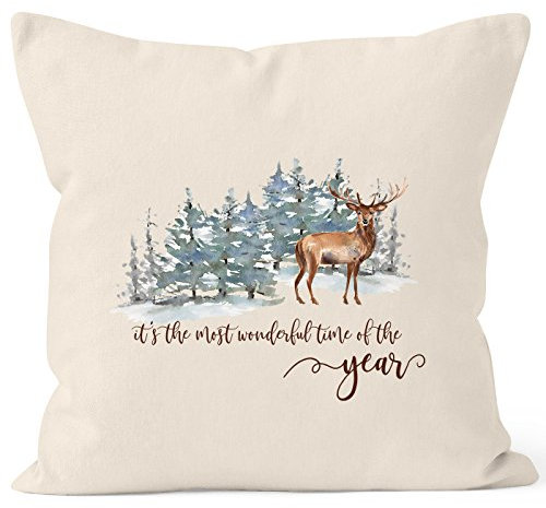 Autiga Kissenbezug Weihnachten It`s The Most Wonderful time of The Year Hirsch Weihnachtsmotiv Natur 40cm x 40cm