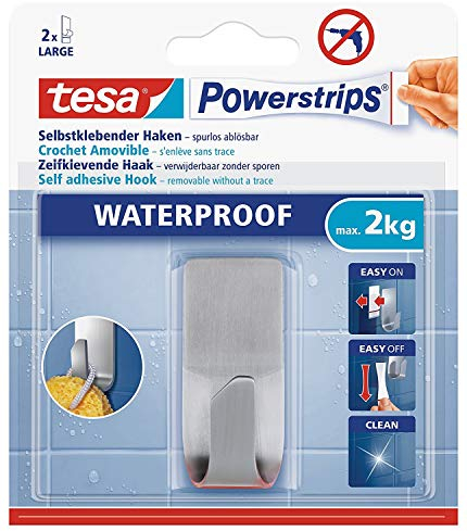 tesa Powerstrips Haken wasserfest/Selbstklebende Halterung aus rostfreiem Edelstahl für Dusche, Bad und Küche, max. 2 kg (6 Packungen)