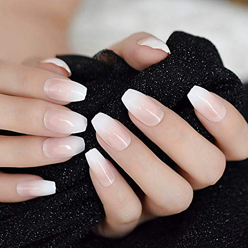 EchiQ Pink Nude White Ombre French Ballerina Coffin False Nails Gradient Natural Manicure Press on Fake Nails Tips Daily Office Finger Wear