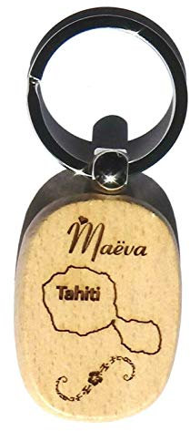 patrickgravure Porte-clés bois exotique personnalisé Tahiti fleur de tiaré + prénom, Gravure profonde, Beige, Marron