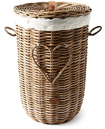 Riviera Maison Wäschekorb Rattan mit Deckel, korb für wäsche, wäschebehälter - RR Heart Laundry Basket - Rustic Ratten - Braun - (ØxH) 41x64 cm