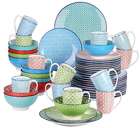 vancasso Macaron Dinnerware Set 48 Pieces Porcelain Dinner Set - Multicolour Japanese Dinner Service Mediterranean Crockery with Dinner Plate, Dessert Plate, Cereal Bowl and Mug, Service for 12