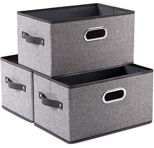 Prandom Storage Box Set of 3,Collapsible Storage Baskets,Linen Fabric Storage Bins,Decorative Cubes with Leather/Metal Handles,Grey(38x25x21) cm