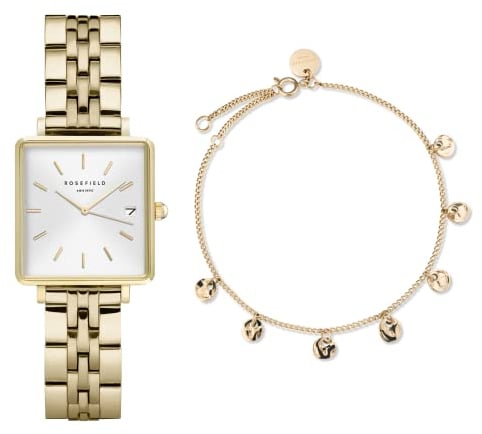 Rosefield Geschenkset The Boxy Armbanduhr Weißes Ziffernblatt Strahlenmuster Gold und Multi Liquid Charms Armband in Gold - BMWLBG-X241