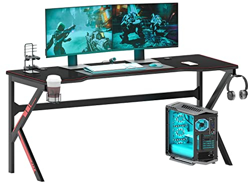 SogesHome Gaming Tisch Schreibtisch 160 cm PC Gamer Schreibtisch Großer schwarzer Computertisch für Spielraum Büro Zuhause mit vollem Deckungsmausträger, USB Tower, Kopfhörerhalter und Cuphalter
