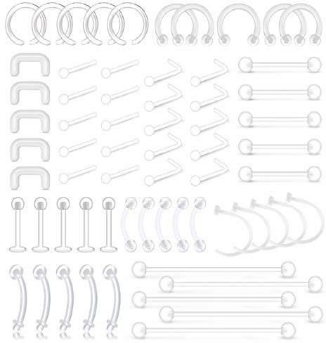 Rajnard 65pcs Mix Style Klare Piercing Retainer Lippen Ohr Nase Septum Augenbrauen Nippel Zungenringe Knorpel Tragus Ohrringe Retainer Bioflex Hufeisen ringe Industrie barbells