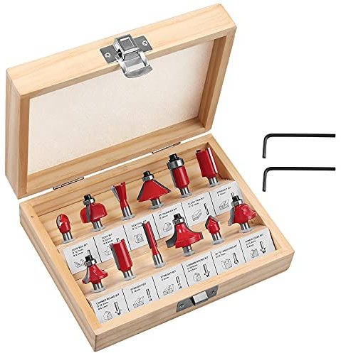 AMTOVL Router Bit Set 12PZ Frese con Codolo 1/4'' in Metallo per Lavorazione Legno Truciolato 12 Punte per Router Frese per Falegnameria Kit Fresatrici con Valigetta in Legno Chiavi Esagonali - Rosso