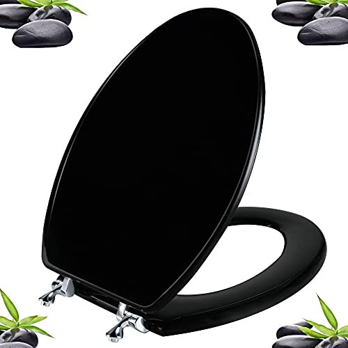 Angol Shiold Black Elongated Toilet Seat with Zinc Alloy Hinges, Easy to Install and Clean, Scratch Resistant