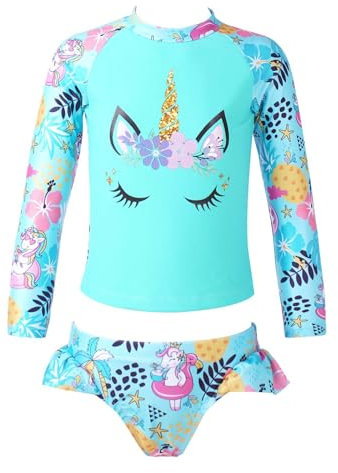 ranrann Enfant Fille Maillot de Bain 2 Pièces Anti UV Protection Solaire T-Shirt Manches Longues et Short de Bain 3-16 Ans A Turquoise 7-8 Ans
