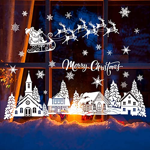 decalmile Weihnachts Fensterdeko Fensterfolie Weihnachten Fensteraufkleber Rentierschlitten Weihnachtsmann Fensterbilder Schneeflocken Fenster Aufkleber Weihnachten Wanddeko Mehrweg