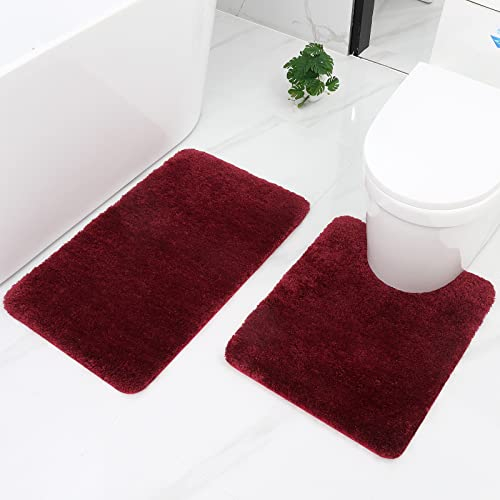 Homaxy Badezimmerteppich Set 2 teilig WC Vorleger mit Ausschnitt Set Badematte rutschfest Waschbar Hochflor Badteppich Mikrofaser Badvorleger Set – 50 x 60 cm + 51 x 76 cm, Weinrot