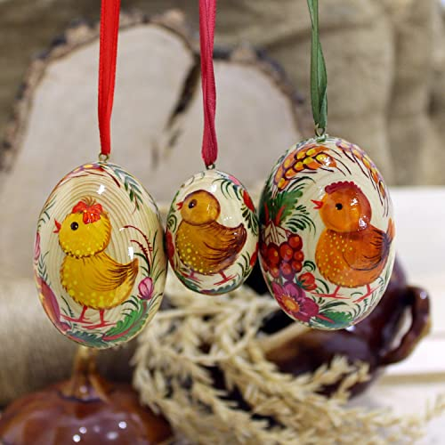 Handbemalte Ostereier aus Holz 6,5 cm 2 St und 4,5 cm 1 St St. Osterdekoration zum Aufhängen Für den schönen Osterstrauß mit Ukrainischer Petrykiwka-Malerei (Rot)