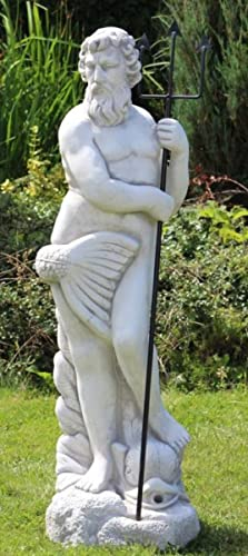 Casa Padrino Jugendstil Wasserspeier Skulptur Neptun mit Fisch Grau/Schwarz 35 x 35 x H. 123 cm - Elegante Wasserspeier Stein Figur - Barock & Jugendstil Garten Deko Accessoires