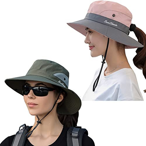 NPQQUAN Chapeaux de soleil pour homme et femme avec rabat de cou UPF 50+ protection UV à large bord, chapeau cloche à large bord, chapeau cloche pour safari, randonnée, pêche, Rose/gris + vert