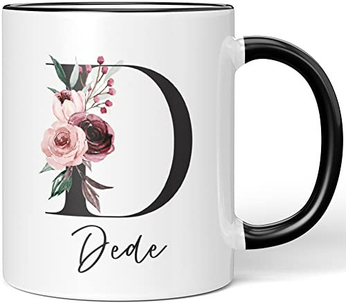 JUNIWORDS Tasse, Dede, Name Anfangsbuchstabe Initial Alphabet Floral Buchstabe D Monogramm Motiv, Schwarz (5563800)