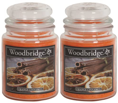Woodbridge Große Duftkerze im Glas mit Deckel | 2er Duftkerzen Set Orange Cinnamon | Duftkerze Orange-Zimt | Kerzen lange Brenndauer | Raumduft für Zuhause | Kerze 2 Docht