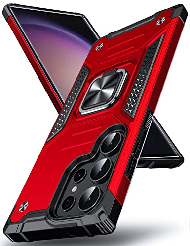 DASFOND Armor Hülle für Samsung Galaxy S23 Ultra Case 5G Militär Stoßfest Handyhülle [Upgrade 2.0] 360 Grad Metal Ring Halter Ständer Schutzhülle [für Handyhalterung Auto Magnet], 6,8 Zoll, Rot