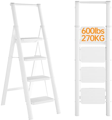 JOISCOPE 4 Step Ladder Folding with Handrail, 270KG Load Capacity, Lightweight Folding Ladder for Adults, Portable Anti Slip Folding Stool, Multifunctional Step Ladder for Indoor/Outdoor, White Ladder