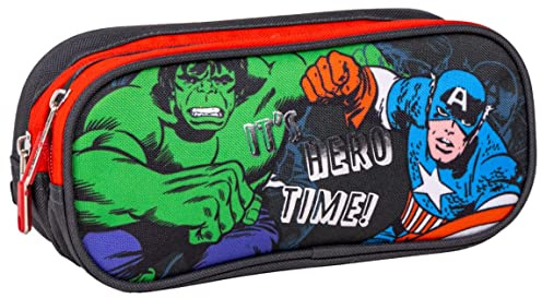 Avengers Double Compartment Pencil Case - Multicolour - 22.5 x 8 x 10 cm - 100% Polyester - Zip Closure - Hulk, Spiderman and Captain America Printed Design - Original Product Designed in Spain
