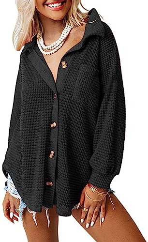 Dokotoo Bluse Damen Langarm Lässig Oberteile Hemd Langarmshirt Waffel Knopfleiste Oberteil Blusen Einfarbig Shirts Stehkragen Elegant Hemdjacke Locker Hemdbluse Schwarz 2XL