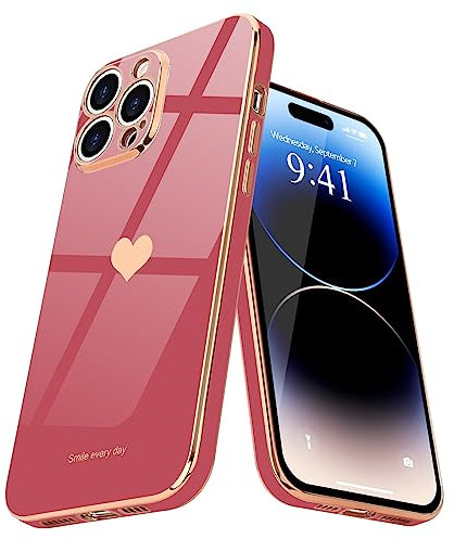Teageo for iPhone 14 Pro Max Case Cute Heart Pattern for Women Girls Slim Luxury Bling Plating Soft TPU Anti-Scratch Shockproof Bumper Phone Case for iPhone 14 Pro Max, Bright Blush