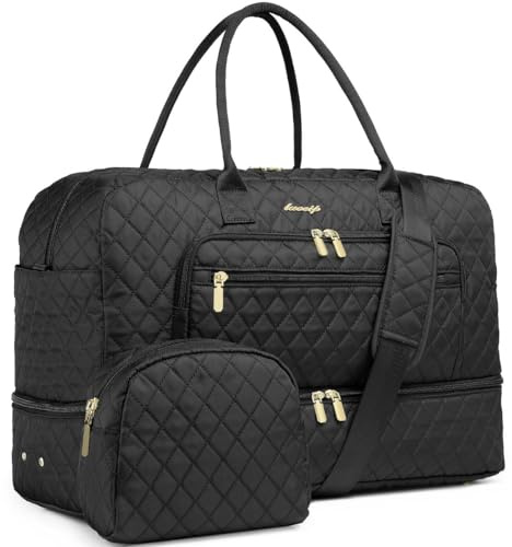 LUOCIP Large Women Travel Duffle Bag, Carry on Bag with Wet Toiletry Pocket for Overnight, Weekend, Yoga, Gym, Business Trips, Sport and Hospital, Black