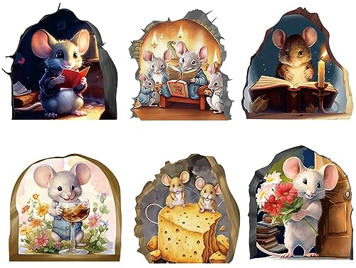 6 Stück 3D Leuchtaufkleber Lustige Wandtattoo „Maus Im Loch“ Thema Wandaufkleber, Realistische PVC Wandsticker Aufkleber für Haus Wohnzimmer Bücherregal Dekor (Maus)