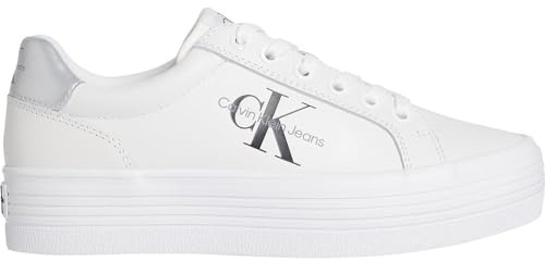 Calvin Klein Jeans Damen Vulcanized Sneaker Flatform Lace Up Leather Schuhe, Weiß (Bright White/Silver), 38