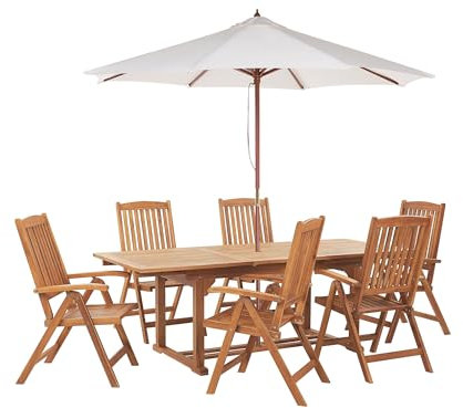 Set di tavolo e 6 sedie da giardino con ombrellone legno di acacia