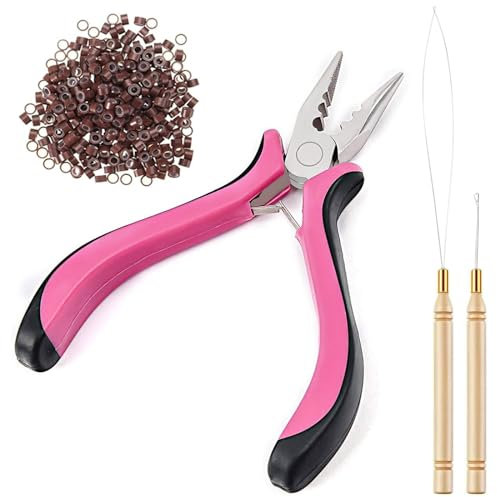 FEXPDL Hair Extension Pliers Kit, 200pcs Nano Beads & Threader, 3-Pack Professional Metal Hair Extension Tools, Micro Beads (5mm Brown)