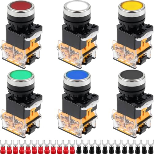 DAOKAI 22mm Momentaner Druckknopf Schalter 440V 10A 1NO 1NC Drucktyp Schalter Panel Mount (Rot/Blau/Grün/Weiß/Gelb/Schwarz) 6 Farben mit 24 Stück Gabelklemmen