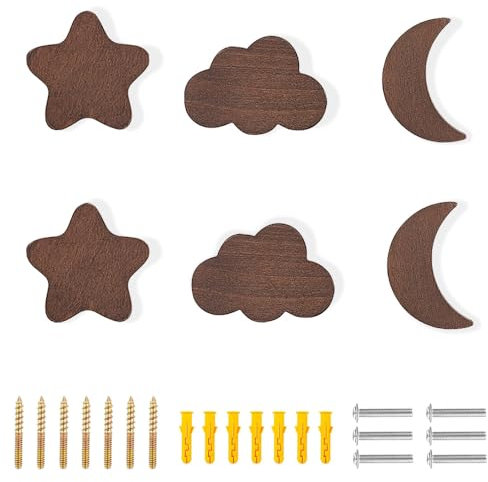 HIQE-FL Holz Tür Schubladengriffe,6 Stück Möbelknöpfe,Sterne,Mond,Wolken Holzknöpfe,Schubladengriff aus schwarzem Nussbaum,2 IN 1 Schrankknöpfe Mit Schrauben,Möbelgriff Aus Holz(F)