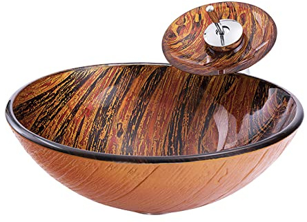 AsCoRP Bathroom Vessel Sink Flames Tempered Glass Vessel Sink Bowl Round Counter Top Installation Bathroom Vessel Vanity Sink Art Basin with Brass Chrome Waterfall Faucet, Pop Up Drain