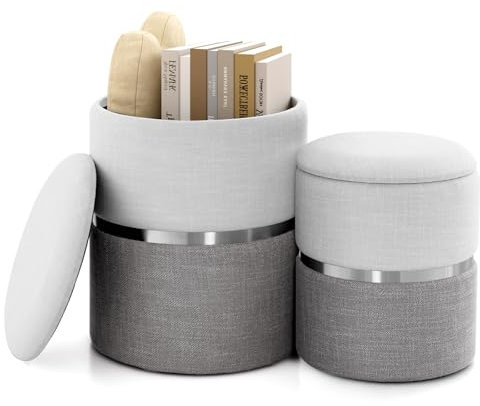 COSTWAY Storage Ottomans Set of 2, Nesting Linen Round Footstool Pouffe Ottoman with Removable Cover, Upholstered Seat Footrest Vanity Dressing Table Stool Chair for Living Room Bedroom, Beige+Grey