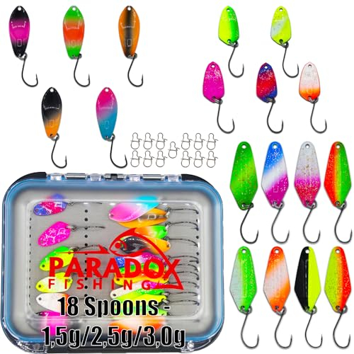 Paradox Fishing Forellen Spoon Sets mit Box und Snaps I Forellenköder Set zum Forellen Angeln I Forellen Blinker Forellen Köder Spoon Forelle - Spoons Forelle 18 Spoons 1,2g/2,5g/3,5g