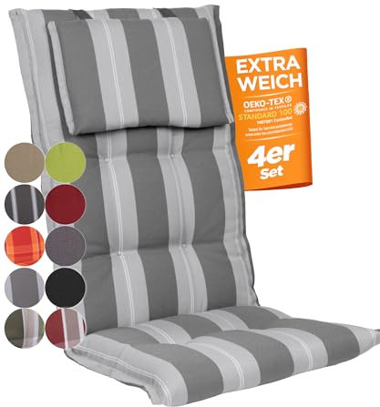 gardisun Gartenstuhlauflagen Hochlehner mit Kopfteil I Extra Dicke Sitzauflagen I Made in EU Polsterauflagen für Hochlehner I Auflagen mit extra hoher Lichtechtheit I 4er Set Anthrazit Streifen Breit