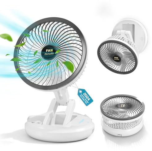 Mihoho Whole Room Air Circulator, 4 Speeds Fan with Light, Cordless Foldable Fan with Lamp for Home, Office, Desk, Outdoor, Ceiling & Wall Mount (Light gray)