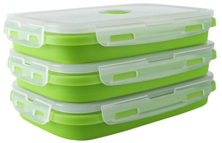 OITUGG Collapsible Food Containers set of 3 pcs - 1200ml Collapsible Lunch Box - Silicone Fresh Fold Food Containers with Lids, Designed 4 Snap-on Buckles, BPA Free, Easy Clean, Microwaveable, Green