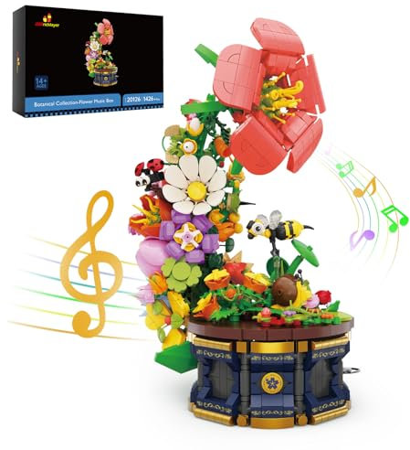 JMBricklayer 20126 Flowers Music Box Building Blocks Set for Adults, Flower Insect Botanical Collection Home Room Office Art Decor, Flower Music Box Gift for Girls Kids Women Music Lover (1426PCS)