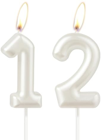 Perlweiße Geburtstagskerze, weiße Happy Birthday Zahl 12 Kerze, Kuchen-Kerzenaufsatz für Mädchen, Hochzeitstag, Gedenken